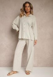 Beżowy Komplet z Lnem Koszula i Spodnie o Szerokim Kroju Renavine. Brązowe koszule damskie Renee, bez wzorów, z materiału, eleganckie. Za 149.99 zł.