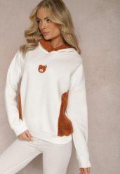 Biała Bluza z Bawełny z Ozdobną Naszywką z Misiem i Polarowym Kapturem Hecatia. Białe bluzy z kapturem damskie Renee, z bawełny. Za 99.99 zł.