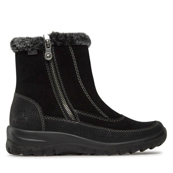 Botki Rieker. Czarne botki damskie Rieker, bez obcasa, na płaskiej podeszwie, bez zapięcia. Za 229.99 zł.