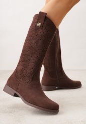 Brązowe Ażurowe Botki Kowbojki z Geometryczną Ozdobą Naeraste. Brązowe botki damskie Renee, z jeansu, bez obcasa, na płaskiej podeszwie, bez zapięcia. Za 149.99 zł.
