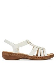 Rieker Sandały 62809-60 Biały. Białe sandały damskie Rieker, bez wzorów, z syntetyku, bez obcasa, na płaskiej podeszwie. Za 299.99 zł.