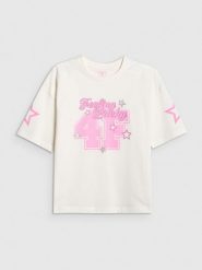 4F T-shirt loose z nadrukiem dziewczęcy - biały 158/164 (12-14 lat). Białe koszulki dziewczęce 4f, z aplikacjami, z bawełny, bez ramiączek. Za 59.99 zł.