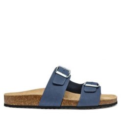 Klapki Geox. Niebieskie klapki damskie Geox, bez wzorów, bez obcasa. Za 259.99 zł.