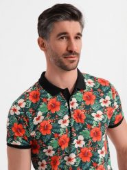 Polo koszulka bawełniana z nadrukiem w kwiaty – czarna V2 OM-POSS-0149 - XXL. Czarne koszulki polo męskie Ombre Clothing, na lato, l, bez wzorów, z bawełny, bez ramiączek. W wyprzedaży za 69.99 zł.
