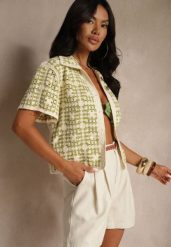 Zielona Koszula z Bawełny Ozdobiona Geometrycznym Wzorem Melundria. Zielone koszule damskie Renee, uniwersalny, bez wzorów, z bawełny, eleganckie, bez kołnierzyka, bez ramiączek. Za 139.99 zł.