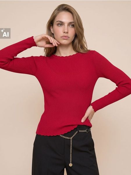 Prążkowany sweter z wiskozą - czerwony. Czerwone swetry klasyczne damskie Sinsay, l, prążkowane, bez kołnierzyka. Za 39.99 zł.