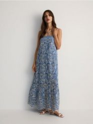 Sukienka maxi z ażurowym haftem - jasnoniebieski. Niebieskie sukienki damskie Reserved, l, w ażurowe wzory, z bawełny, bez kołnierzyka, bez ramiączek, maxi. W wyprzedaży za 119.99 zł.