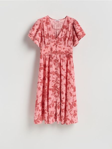 Sukienka midi z modalem - różowy. Czerwone sukienki damskie Reserved, l, bez wzorów, z tkaniny, bez kołnierzyka, bez ramiączek, midi, rozkloszowane. Za 159.99 zł.