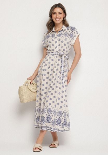 Beżowo-Niebieska Koszulowa Sukienka z Wiskozy w Kwiatowy Wzór z Wiązanym Paskiem Iffinara. Niebieskie sukienki damskie Born2be, na co dzień, l, bez wzorów, z wiskozy, eleganckie, bez kołnierzyka, bez ramiączek, mini, koszulowe. Za 139.99 zł.