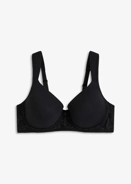 Biustonosz z usztywnianymi miseczkami z miękkiego modalu. Czarne biustonosze bonprix, bez wzorów, z koronki. Za 54.99 zł.