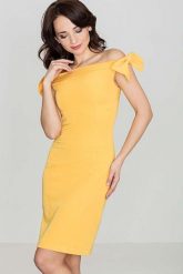 Szykowna Musztardowa Sukienka z Kokardkami na Ramionach. Sukienki damskie SALE, l, bez wzorów, z materiału, eleganckie, bez kołnierzyka, bez ramiączek. Za 74.70 zł.
