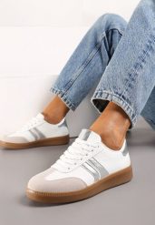Biało-Srebrne Sneakersy Tenisówki na Kauczukowej Podeszwie Alleia. Białe trampki i tenisówki damskie Born2be, bez wzorów, z jeansu. Za 99.99 zł.