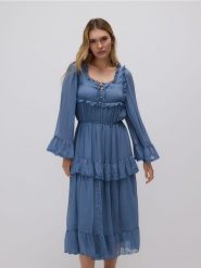 Sukienka midi z falbanami - niebieski. Niebieskie sukienki damskie Reserved, l, bez wzorów, z tkaniny, bez kołnierzyka, bez ramiączek, midi, rozkloszowane. Za 229.99 zł.