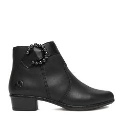 Botki Rieker. Czarne botki damskie Rieker, bez obcasa, na słupku, bez zapięcia. Za 319.99 zł.