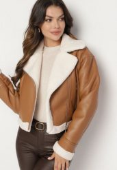 Brązowa Kurtka Biker o Krótkim Kroju z Zasuwanymi Kieszeniami Laonette. Brązowe kurtki damskie Born2be, l, bez wzorów, z jeansu, bez kaptura. Za 279.99 zł.