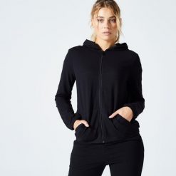 Bluza na zamek damska Domyos Gym & Pilates 100. Czarne bluzy bez kaptura damskie DOMYOS, s, bez wzorów, z bawełny, bez ramiączek, bez kaptura. Za 69.99 zł.