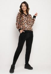 Beżowo-Czarny Welurowy Komplet Dresowy w Panterkę Bluza i Spodnie z Wsuwanymi Kieszeniami Ivariaen. Brązowe bluzy bez kaptura damskie Born2be, s, z dresówki. Za 129.99 zł.