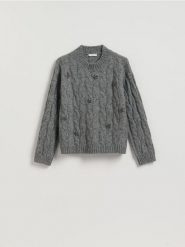 Sweter z błyszczącą aplikacją - szary. Szare swetry klasyczne damskie Reserved, l, z dzianiny, bez kołnierzyka. Za 159.99 zł.