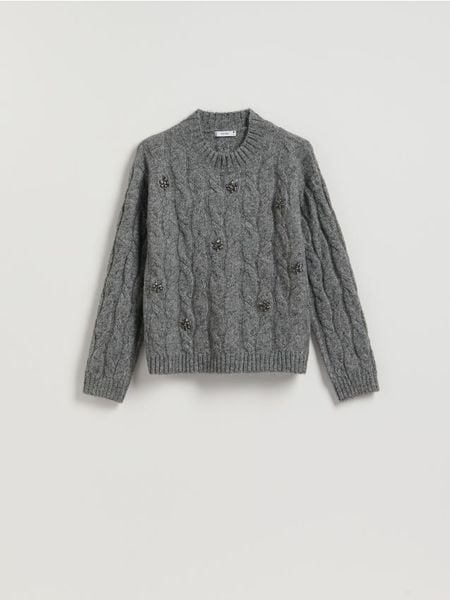 Sweter z błyszczącą aplikacją - szary. Szare swetry klasyczne damskie Reserved, l, z dzianiny, bez kołnierzyka. Za 159.99 zł.