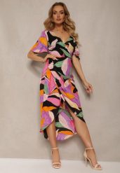 Czarna Kopertowa Sukienka z Krótkim Rękawem Efiole. Czarne sukienki damskie Renee, na spotkanie biznesowe, l, bez wzorów, klasyczne, bez kołnierzyka, bez ramiączek, midi, kopertowe. Za 149.99 zł.