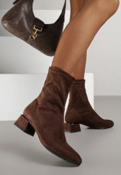 Brązowe Eleganckie Botki VICES Skarpetkowe na Klocku z Metalicznym Zdobieniem Rivite. Brązowe botki damskie Renee, z jeansu, eleganckie, bez obcasa, na obcasie, bez zapięcia. Za 129.99 zł.