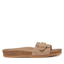 Klapki Tommy Hilfiger. Brązowe klapki damskie Tommy Hilfiger, bez wzorów, bez obcasa. Za 289.99 zł.