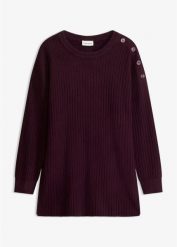 Sweter z mieszanki wiskozy, z ozdobną plisą guzikową. Czerwone swetry klasyczne damskie bonprix, z dzianiny, bez kołnierzyka. Za 109.99 zł.
