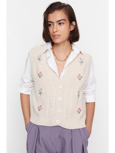 Trendyol Kamizelka dzianinowa w kolorze kremowym rozmiar: L. Brązowe kamizelki damskie Trendyol, l, z dzianiny. Za 65.99 zł.