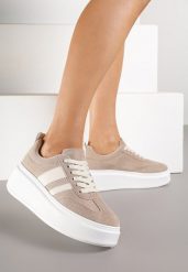 Ciemnobeżowe Sneakersy Klasyczne Tenisówki na Grubej Podeszwie z Koturnem Adessia. Brązowe trampki i tenisówki damskie Renee, bez wzorów, z materiału. Za 109.99 zł.