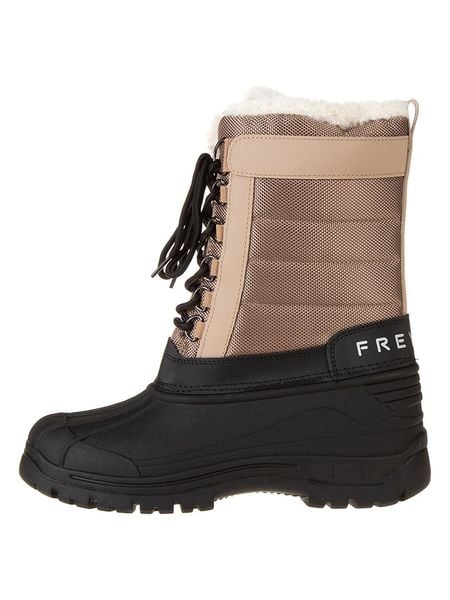 Freyling Botki zimowe w kolorze czarno-beżowym rozmiar: 40. Brązowe botki damskie Freyling, na zimę, z materiału, bez obcasa, bez zapięcia. Za 188.40 zł.