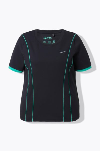 Damskie Bluzka funkcyjna dżersej termiczny okrągły dekolt rękaw 1/2 z recyklingu. Czarne bluzki sportowe damskie Ulla Popken, plus size, bez wzorów, z dżerseju, bez ramiączek. Za 199.99 zł.