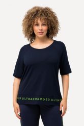 Damskie T-shirt napisy na rąbku klasyczny krój okrągły dekolt rękaw 1/2. Niebieskie t-shirty damskie Ulla Popken, plus size, bez wzorów, z dżerseju, bez kołnierzyka. Za 199.99 zł.