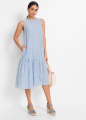 Sukienka midi w fasonie o linii litery A. Niebieskie sukienki damskie bonprix, na lato, bez wzorów, bez kołnierzyka, bez ramiączek, midi. Za 159.99 zł.