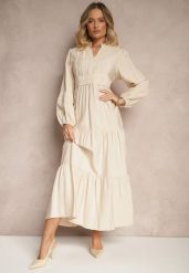 Jasnobeżowa Rozkloszowana Sukienka z Wiskozy w Stylu Boho z Koronką i Gumką Gonalien. Brązowe sukienki damskie Renee, na co dzień, na lato, l, bez wzorów, z koronki, boho, bez kołnierzyka, bez ramiączek, maxi, rozkloszowane. Za 129.99 zł.