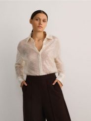 Koszula z cekinami - kremowy. Białe koszule damskie Reserved, l, bez wzorów, z tkaniny, bez kołnierzyka, bez ramiączek. W wyprzedaży za 89.99 zł.