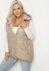 Ciemnobeżowa Kamizelka Pikowana z Kapturem i Ściągaczami Kolavira. Brązowe kamizelki damskie Born2be, plus size, z jeansu. Za 159.99 zł.
