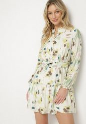 Zielona Rozkloszowana Sukienka z Wiskozy z Paskiem w Abstrakcyjny Wzór Stelitte. Zielone sukienki damskie Born2be, na co dzień, l, bez wzorów, z jeansu, eleganckie, bez kołnierzyka, bez ramiączek, mini, rozkloszowane. W wyprzedaży za 119.99 zł.