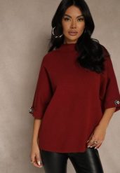 Bordowy Sweter z Cyrkoniami przy Rękawach Corentusa. Czerwone swetry klasyczne damskie Renee, m, z jeansu, bez kołnierzyka. Za 89.99 zł.