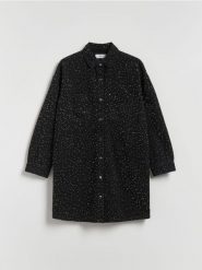 Sukienka ze strasem - czarny. Czarne sukienki damskie Reserved, l, bez wzorów, z bawełny, bez kołnierzyka, bez ramiączek, mini. Za 179.99 zł.