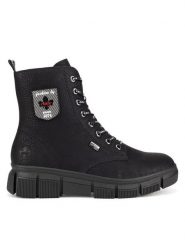 Rieker Botki X3410-00 Czarny. Czarne botki damskie Rieker, z materiału, bez obcasa, na płaskiej podeszwie, bez zapięcia. Za 272.99 zł.