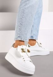 Biało-Złote Sneakersy Ozdobione Broszką i Kokardką Hrivia. Białe broszki damskie Renee, złote. Za 74.99 zł.