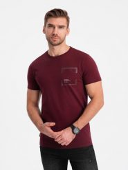 Bawełniany męski t-shirt z nadrukiem na kieszonce – bordowy V2 OM-TSPT-0154 - XXL. Czerwone t-shirty męskie Ombre Clothing, l, bez wzorów, z bawełny, bez kołnierzyka. Za 89.99 zł.