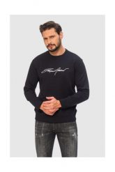 EMPORIO ARMANI Granatowa bluza męska z białym wyszywanym logo. Niebieskie bluzy bez kaptura męskie Emporio Armani, m, prążkowane. W wyprzedaży za 459.99 zł.
