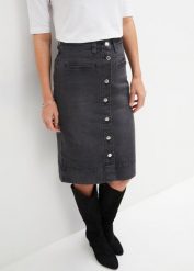 Spódnica dżinsowa z ozdobnymi guzikami. Czarne spódniczki damskie bonprix, bez wzorów, klasyczne, mini. Za 77.99 zł.