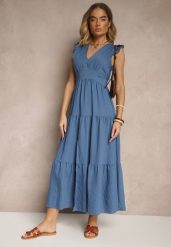 Niebieska Sukienka z Wiskozy Ozdobiona Falbankami Sadovene. Niebieskie sukienki damskie Renee, na co dzień, na wiosnę, m, bez wzorów, z wiskozy, eleganckie, bez kołnierzyka, bez ramiączek, maxi. W wyprzedaży za 71.99 zł.