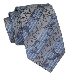 Klasyczny Krawat Męski - ALTIES - Szary, Niebieski, Liście. Niebieskie krawaty i muchy męskie Alties, bez wzorów, z tkaniny, eleganckie. Za 49.00 zł.