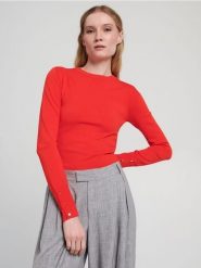 Sweter z ozdobnymi guzikami - pomarańczowy. Brązowe swetry klasyczne damskie Sinsay, l, ze skóry, bez kołnierzyka. W wyprzedaży za 22.99 zł.