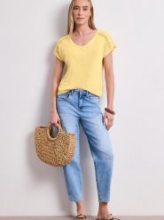Street One Koszulka Kobiety Bawełna żółty, 46. Żółte t-shirty damskie Street One, w ażurowe wzory, z bawełny, bez kołnierzyka. Za 99.95 zł.
