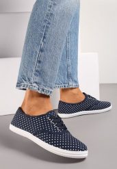 Granatowe Sznurowane Tenisówki na Płaskiej Podeszwie z Materiału w Kropki Harnisa. Niebieskie trampki i tenisówki damskie Renee, bez wzorów. Za 39.99 zł.