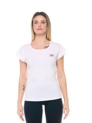 Koszulka damska Leone 1947 Apparel z elastycznej bawełny ze złotym logo. Białe bluzki sportowe damskie LEONE 1947 APPAREL, s, bez wzorów, z bawełny, bez kołnierzyka. Za 42.06 zł.